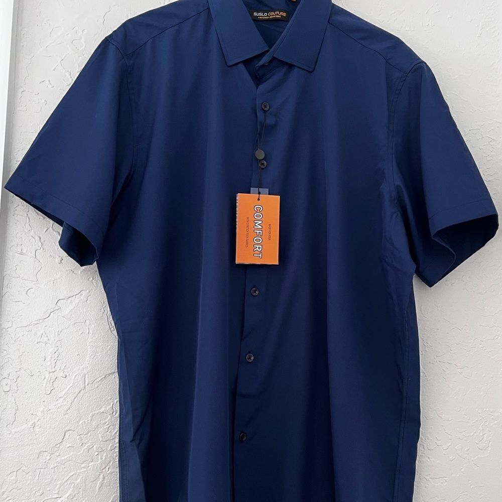 Mens shirt casual Fit Performance Short Sleeves Solid Button navy blue - Picture 7 of 10